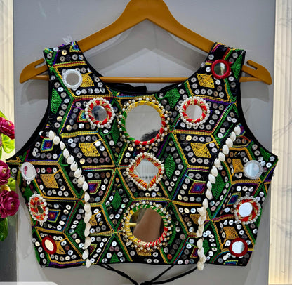 Black Pure Soft Heavy Thread Sequin Kaudi &amp; Hand Mirror Work Navratri Blouse