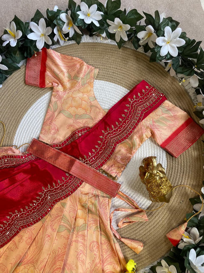 Red Pure Silk Heavy Floral Paisley Kids Girl&