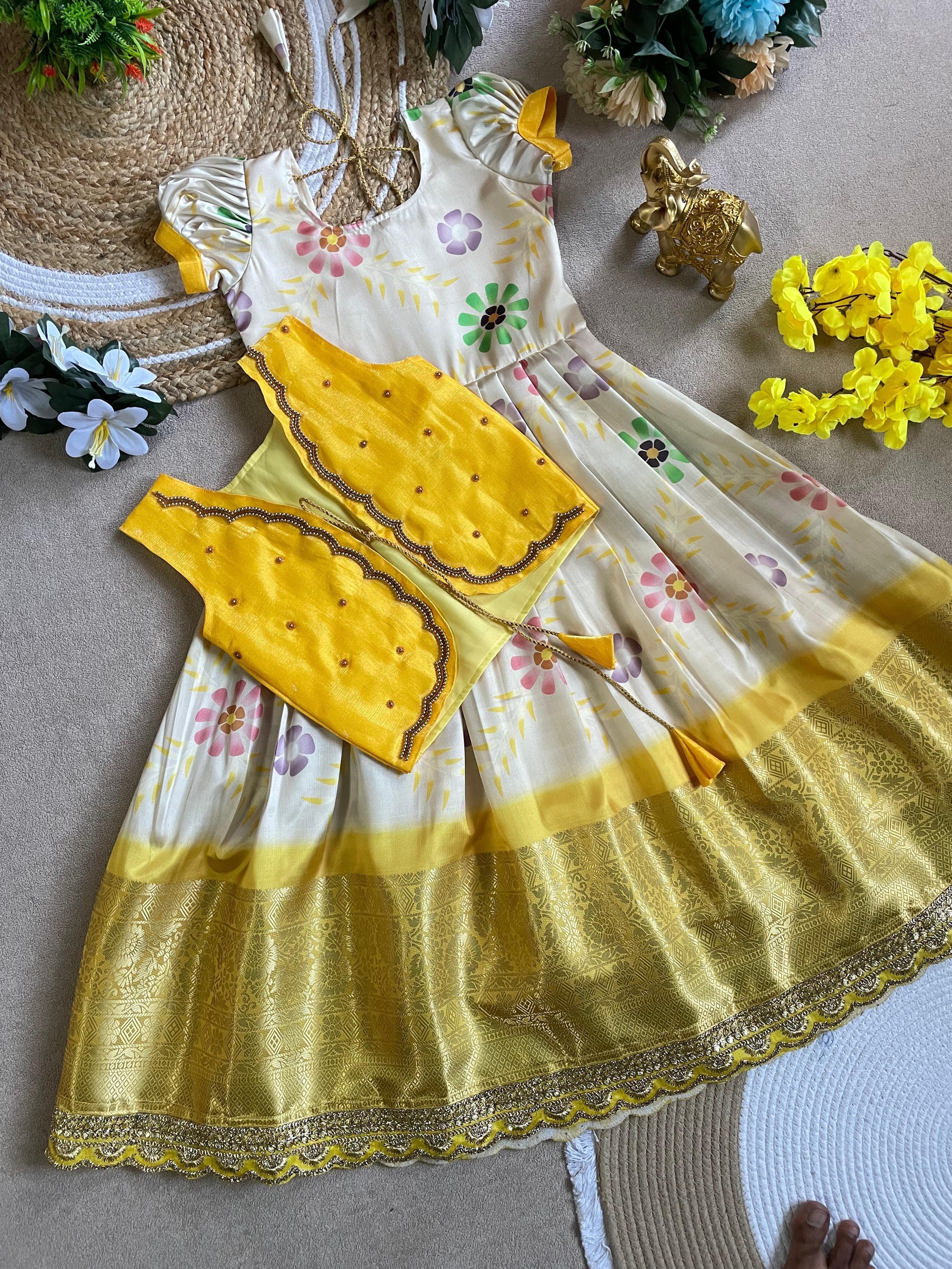 Yellow Pure Silky Sartin Maggam Kids Girl&