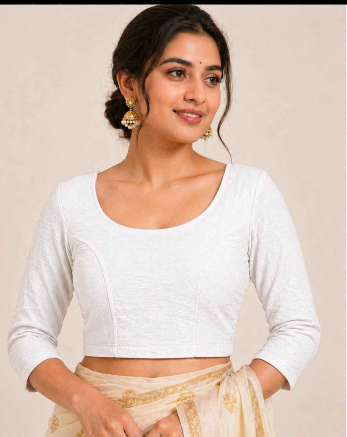 White Pure Premium Crush Lycra Readymade stretchable Blouse