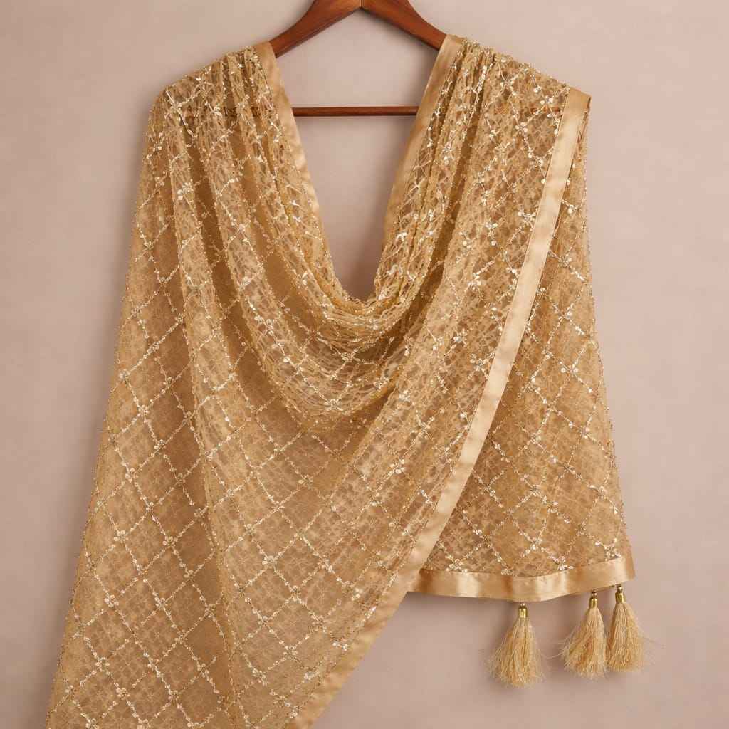Cream Premium Heavy Net With Elegant Embroidery Work Duppata