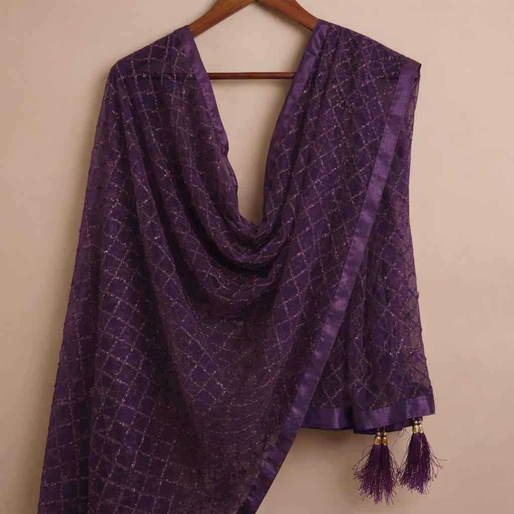 Purple Premium Heavy Net With Elegant Embroidery Work Duppata