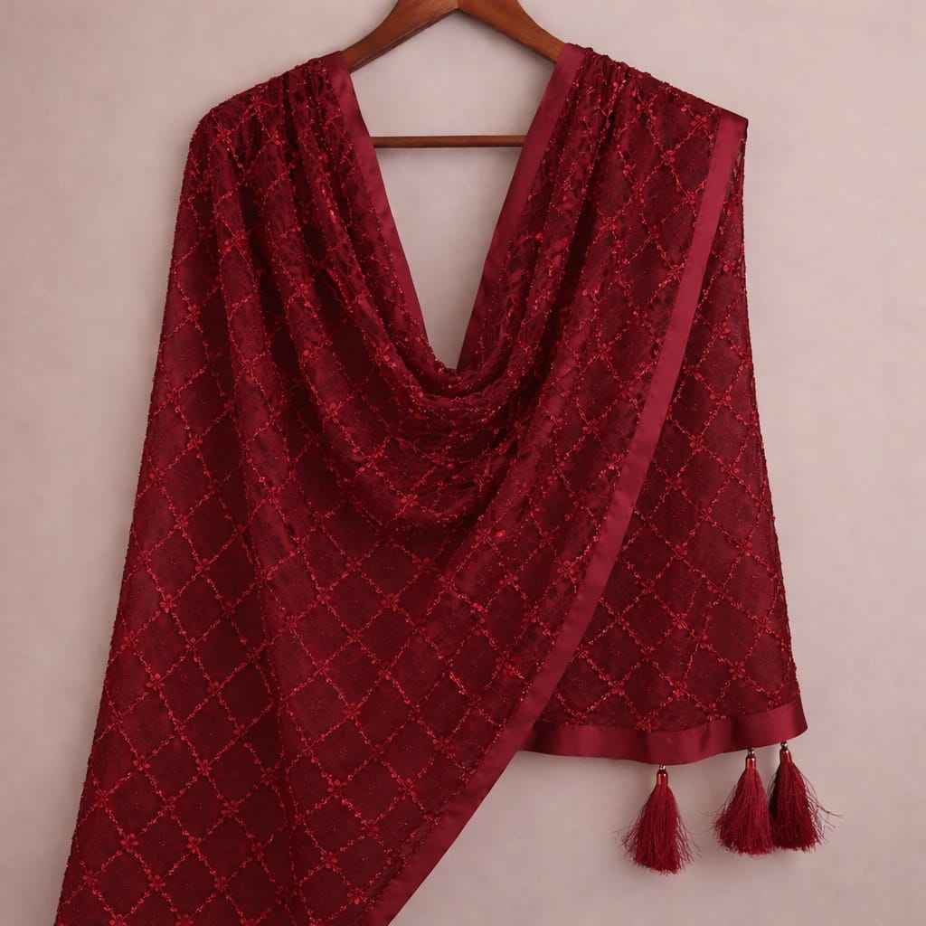 Red Premium Heavy Net With Elegant Embroidery Work Duppata
