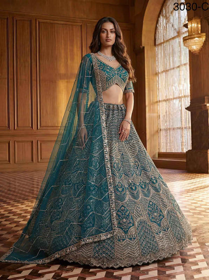 Firozi Pure Soft Heavy Net Fancy Embroidery Work Bridal Lehenga Choli