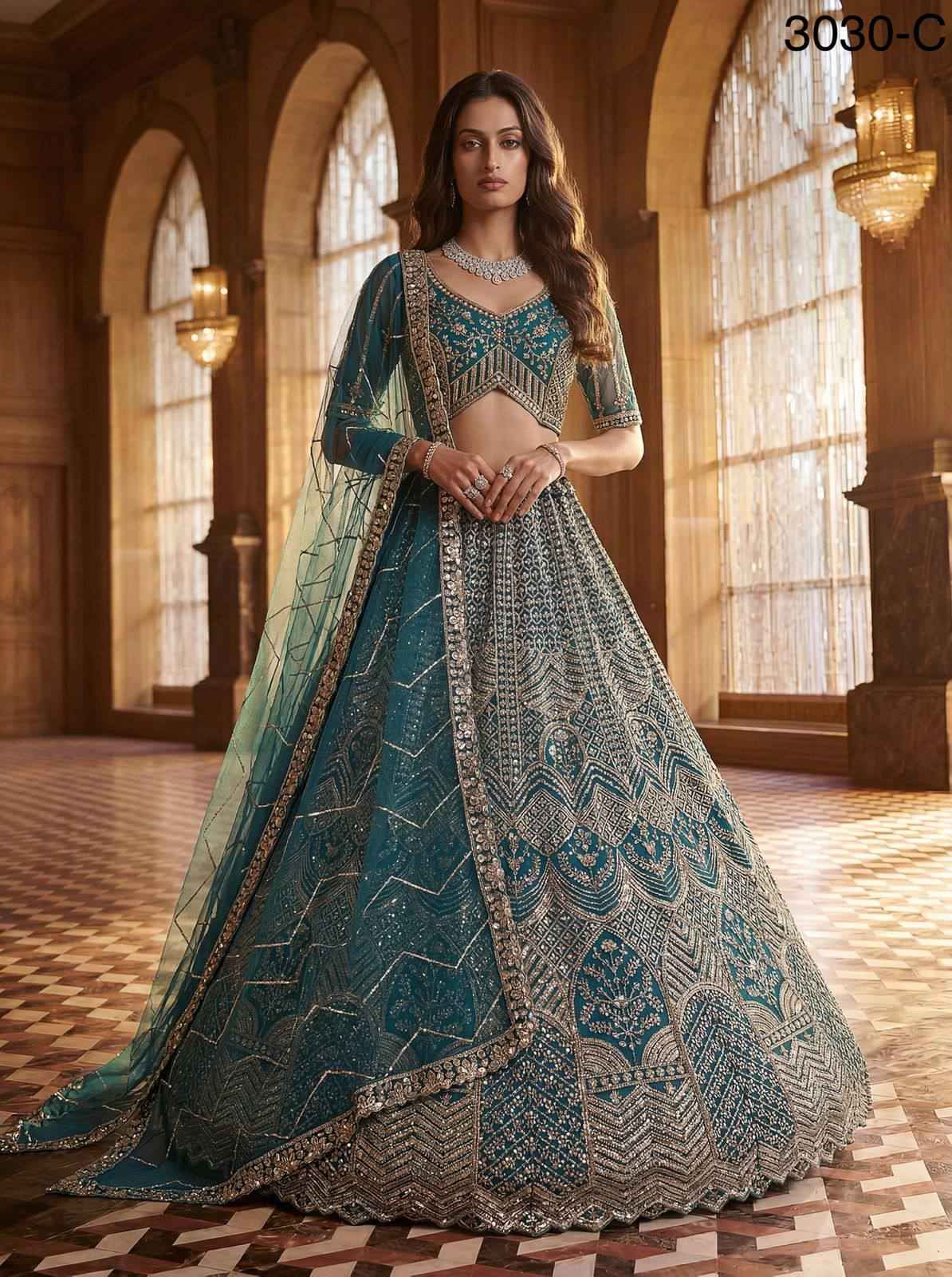 Firozi Pure Soft Heavy Net Fancy Embroidery Work Bridal Lehenga Choli