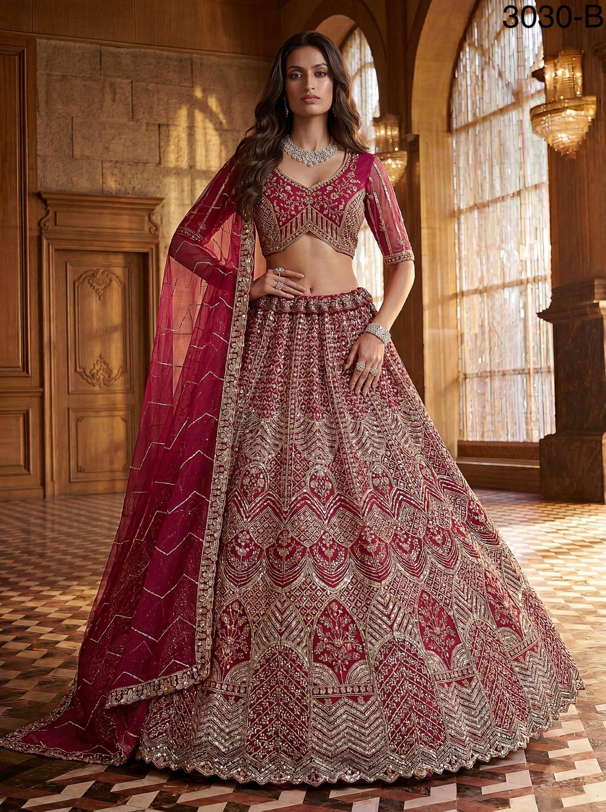 Raspberry Pink Pure Soft Heavy Net Fancy Embroidery Work Bridal Lehenga Choli