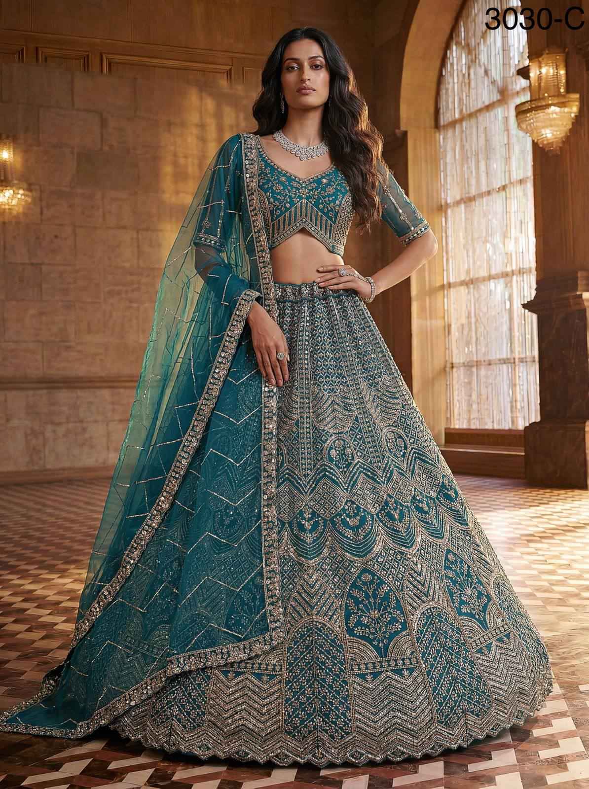 Firozi Pure Soft Heavy Net Fancy Embroidery Work Bridal Lehenga Choli