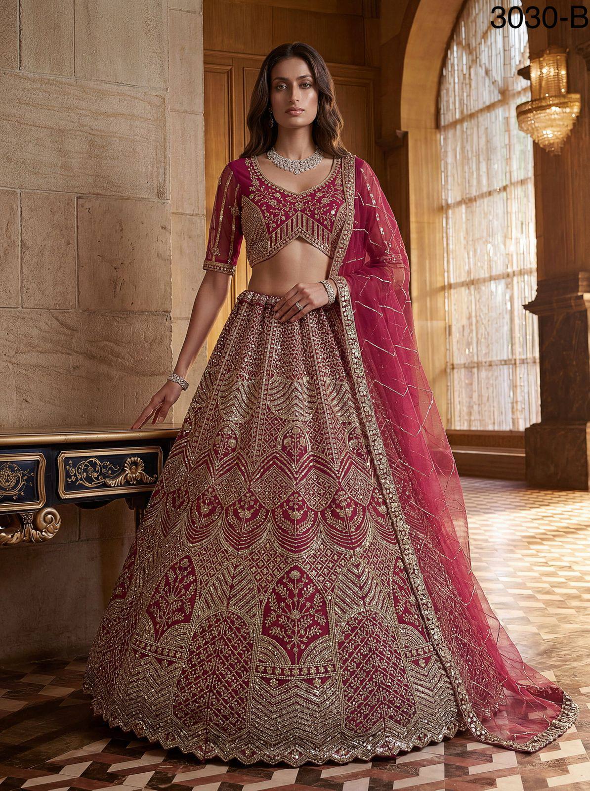 Raspberry Pink Pure Soft Heavy Net Fancy Embroidery Work Bridal Lehenga Choli