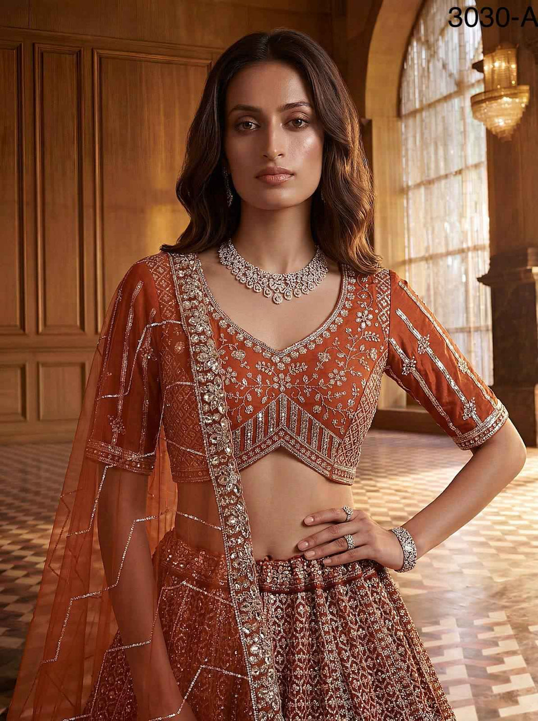 Orange Pure Soft Heavy Net Fancy Embroidery Work Bridal Lehenga Choli