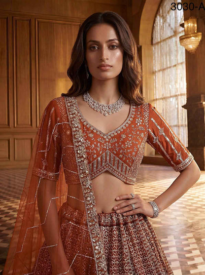 Orange Pure Soft Heavy Net Fancy Embroidery Work Bridal Lehenga Choli