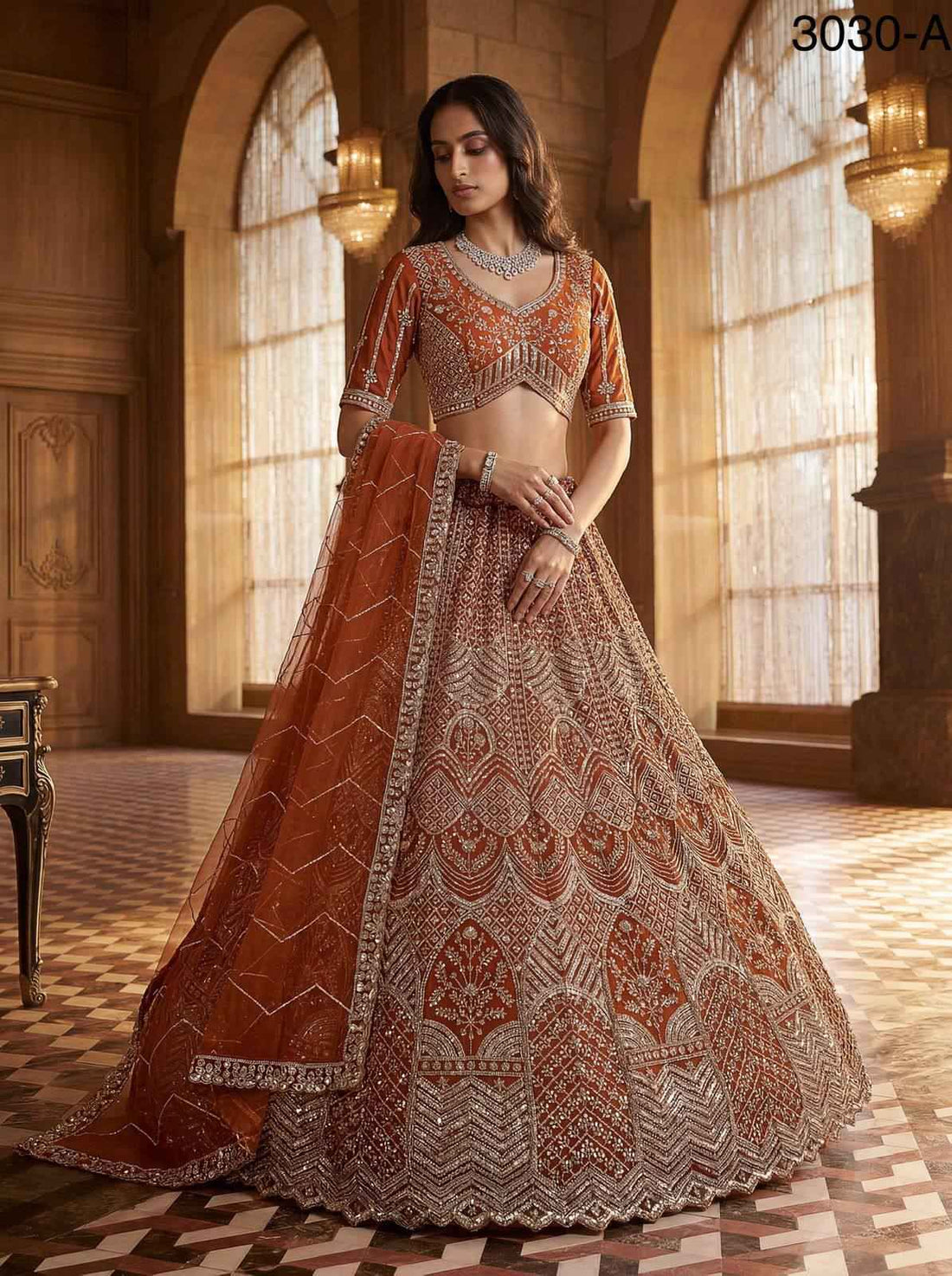 Orange Pure Soft Heavy Net Fancy Embroidery Work Bridal Lehenga Choli