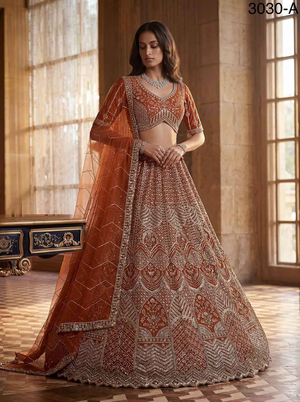Orange Pure Soft Heavy Net Fancy Embroidery Work Bridal Lehenga Choli