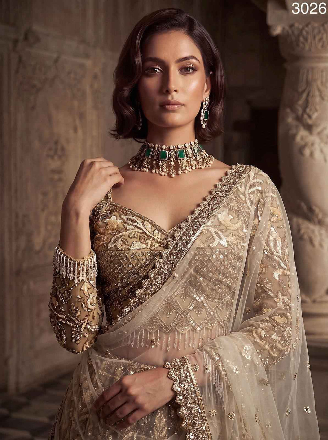 Golden Pure Soft Heavy Net Fancy Embroidery Work Bridal Lehenga Choli