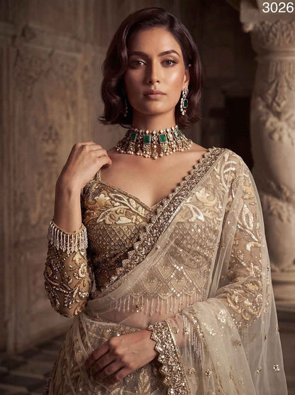 Golden Pure Soft Heavy Net Fancy Embroidery Work Bridal Lehenga Choli