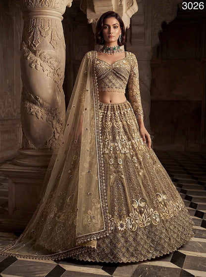 Golden Pure Soft Heavy Net Fancy Embroidery Work Bridal Lehenga Choli