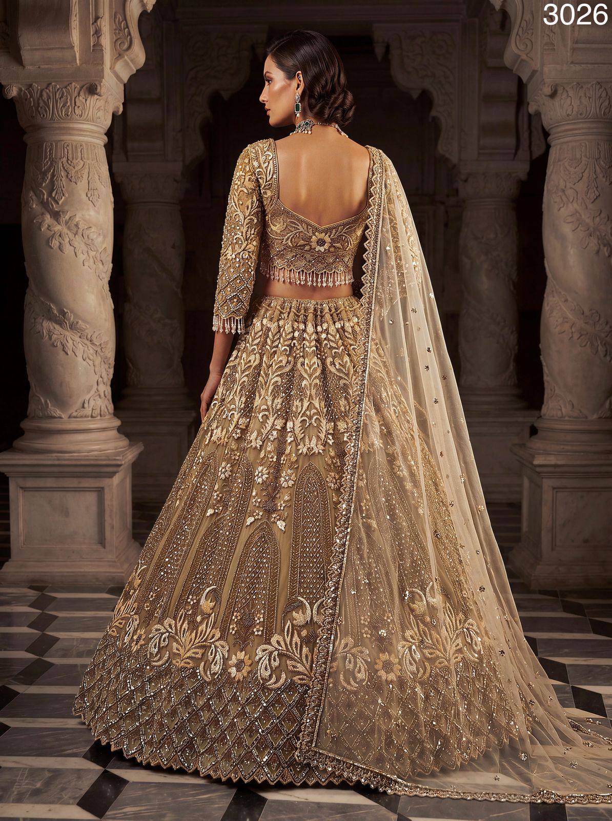 Golden Pure Soft Heavy Net Fancy Embroidery Work Bridal Lehenga Choli