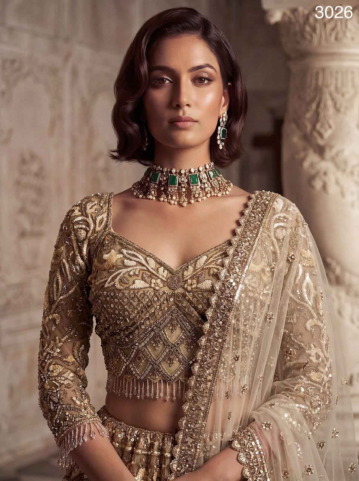 Golden Pure Soft Heavy Net Fancy Embroidery Work Bridal Lehenga Choli