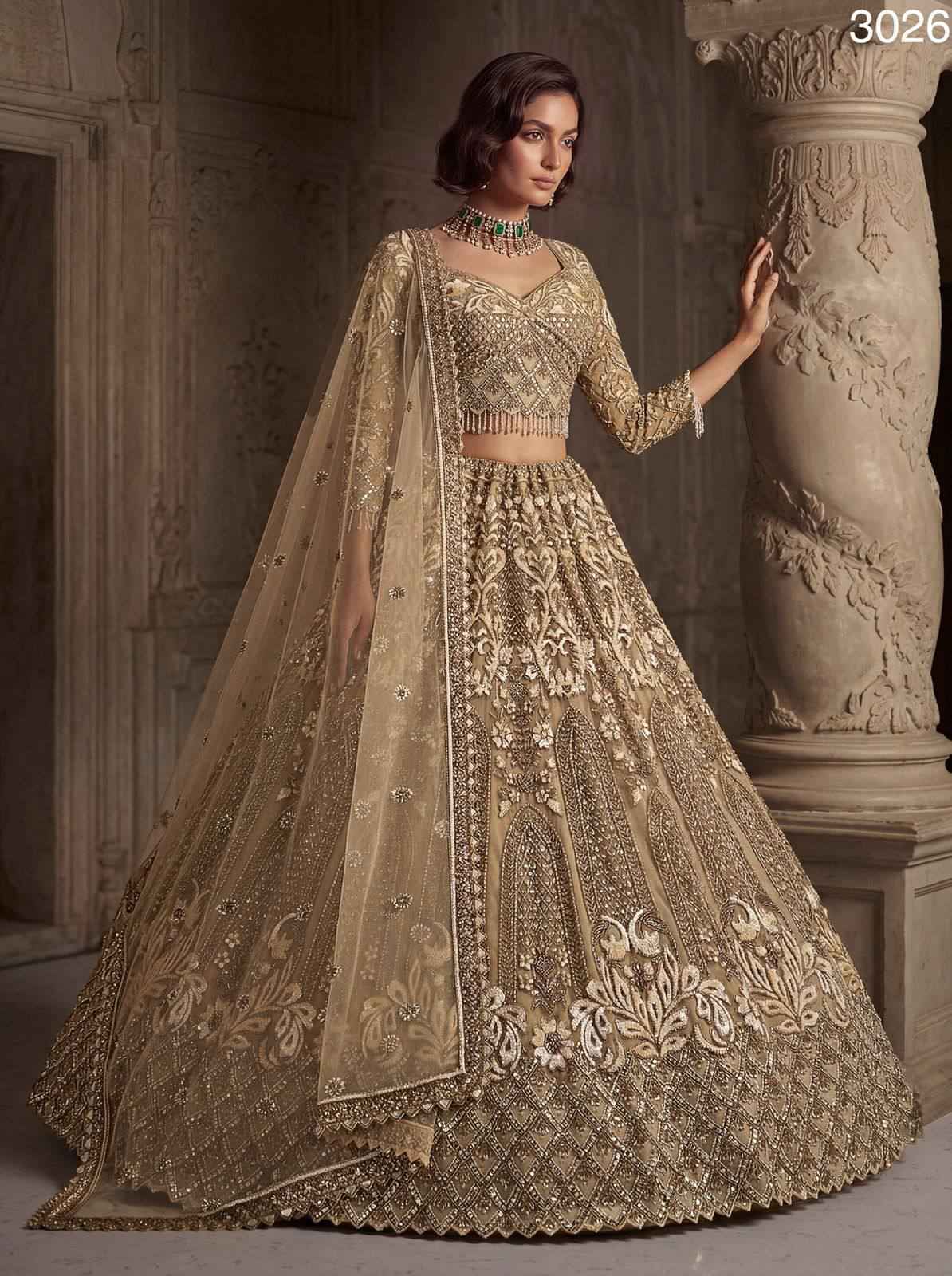 Golden Pure Soft Heavy Net Fancy Embroidery Work Bridal Lehenga Choli