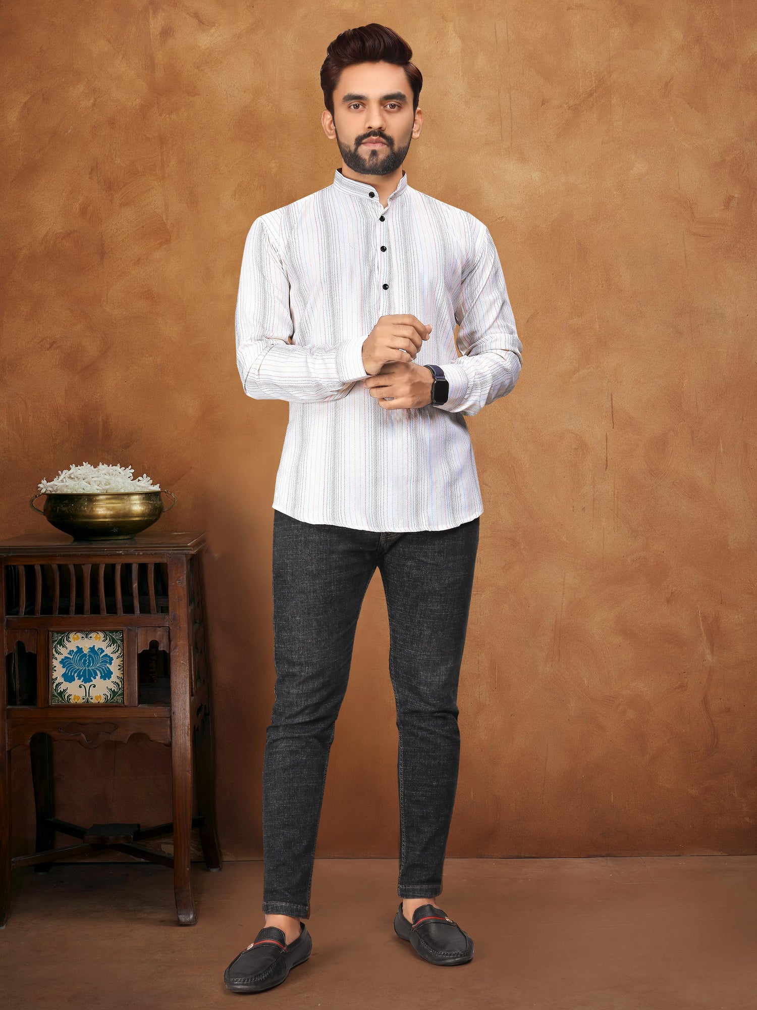 White Pure Soft Cotton Printed Shirt &amp; Tunic Matching Both Couple Combo