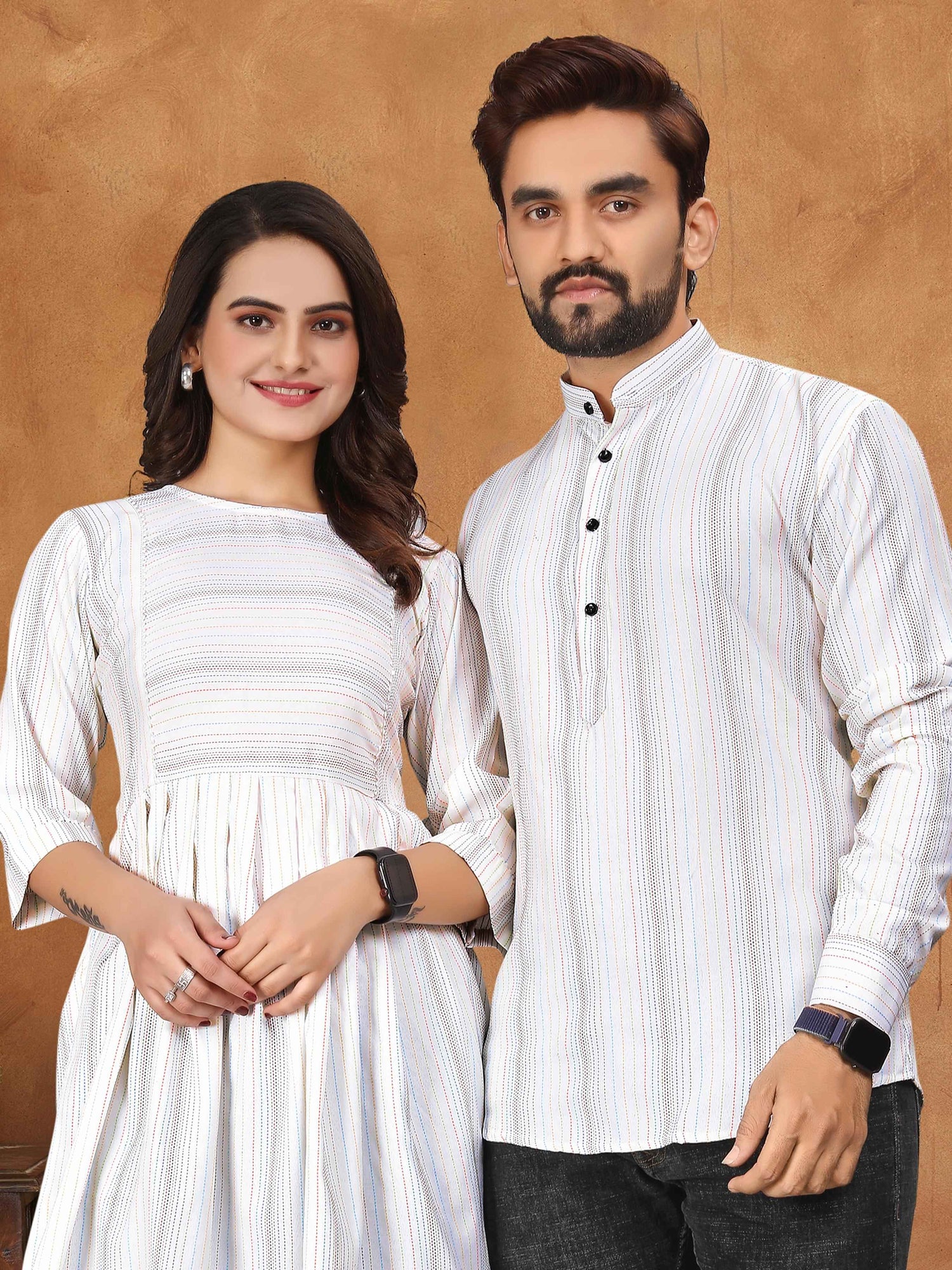 White Pure Soft Cotton Printed Shirt &amp; Tunic Matching Both Couple Combo