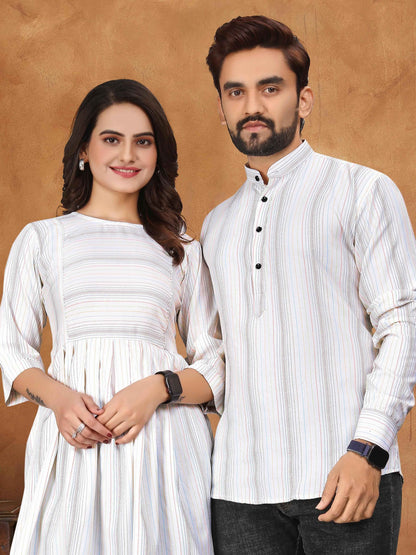 White Pure Soft Cotton Printed Shirt &amp; Tunic Matching Both Couple Combo