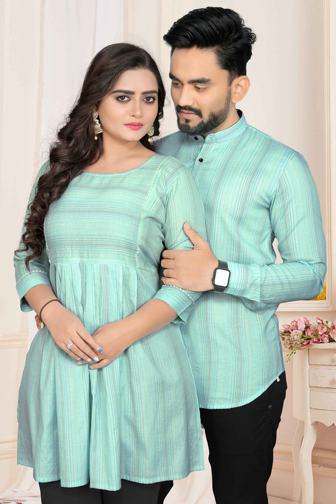 Green Pure Soft Cotton Printed Shirt &amp; Tunic Matching Both Couple Combo