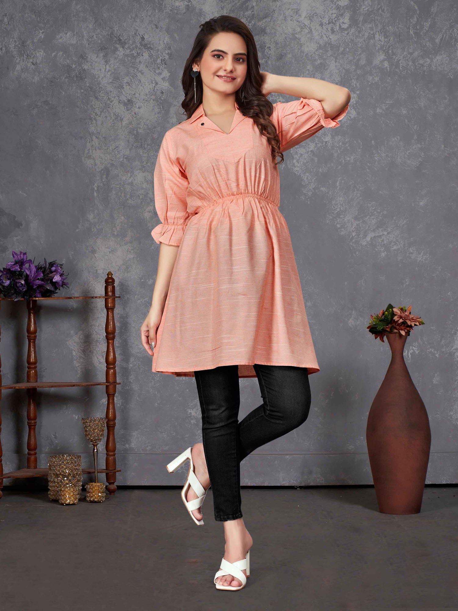 Peach Pure Soft Cotton Printed Shirt &amp; Tunic Matching Both Couple Combo