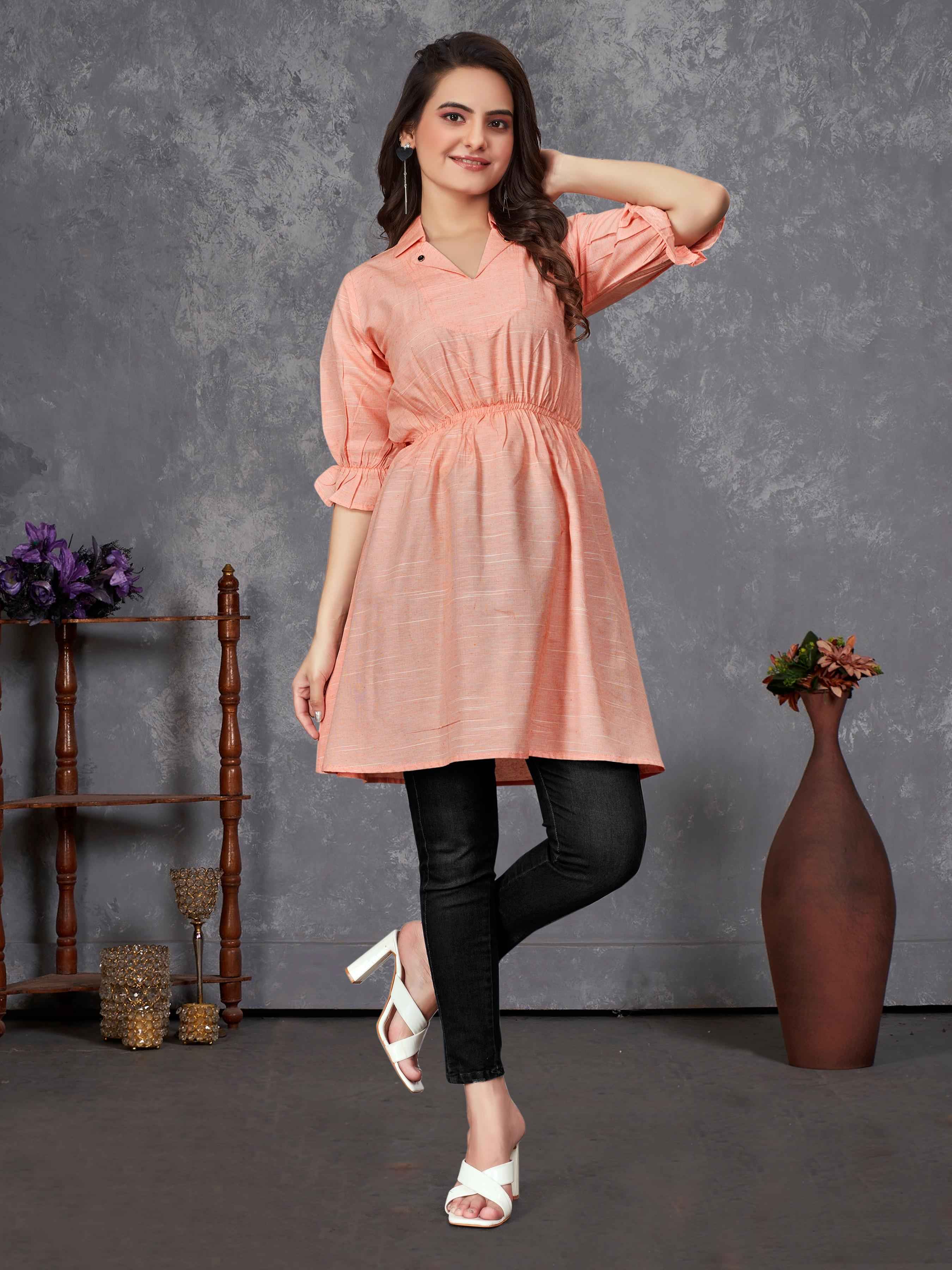 Peach Pure Soft Cotton Printed Shirt &amp; Tunic Matching Both Couple Combo