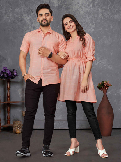 Peach Pure Soft Cotton Printed Shirt &amp; Tunic Matching Both Couple Combo