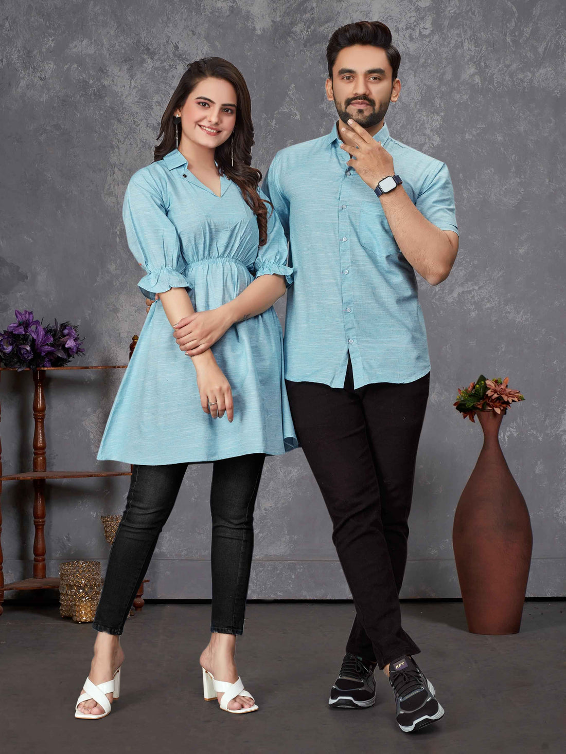 Sky Pure Soft Cotton Printed Shirt &amp; Tunic Matching Both Couple Combo