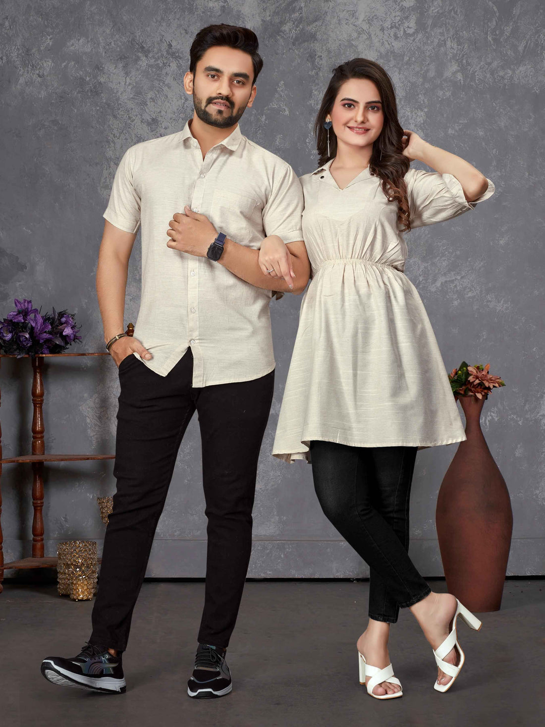 White Pure Soft Cotton Printed Shirt &amp; Tunic Matching Both Couple Combo