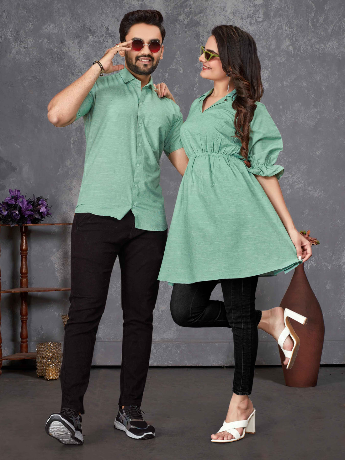 Green Pure Soft Cotton Printed Shirt &amp; Tunic Matching Both Couple Combo
