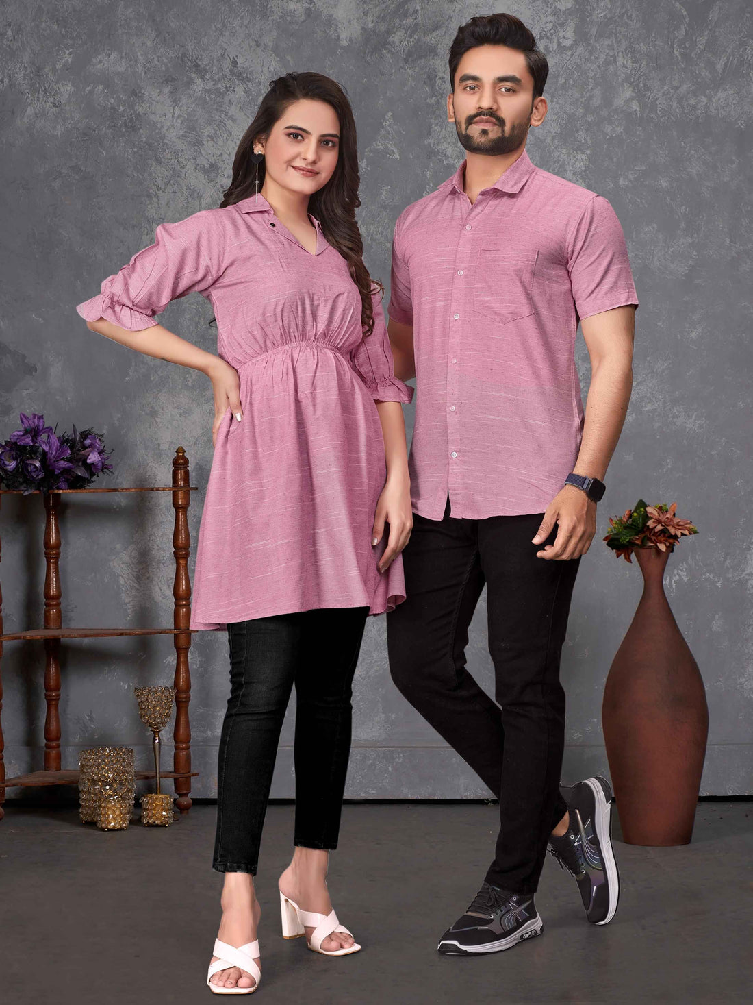 Pink Pure Soft Cotton Printed Shirt &amp; Tunic Matching Both Couple Combo