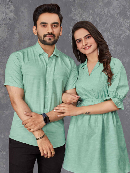 Green Pure Soft Cotton Printed Shirt &amp; Tunic Matching Both Couple Combo