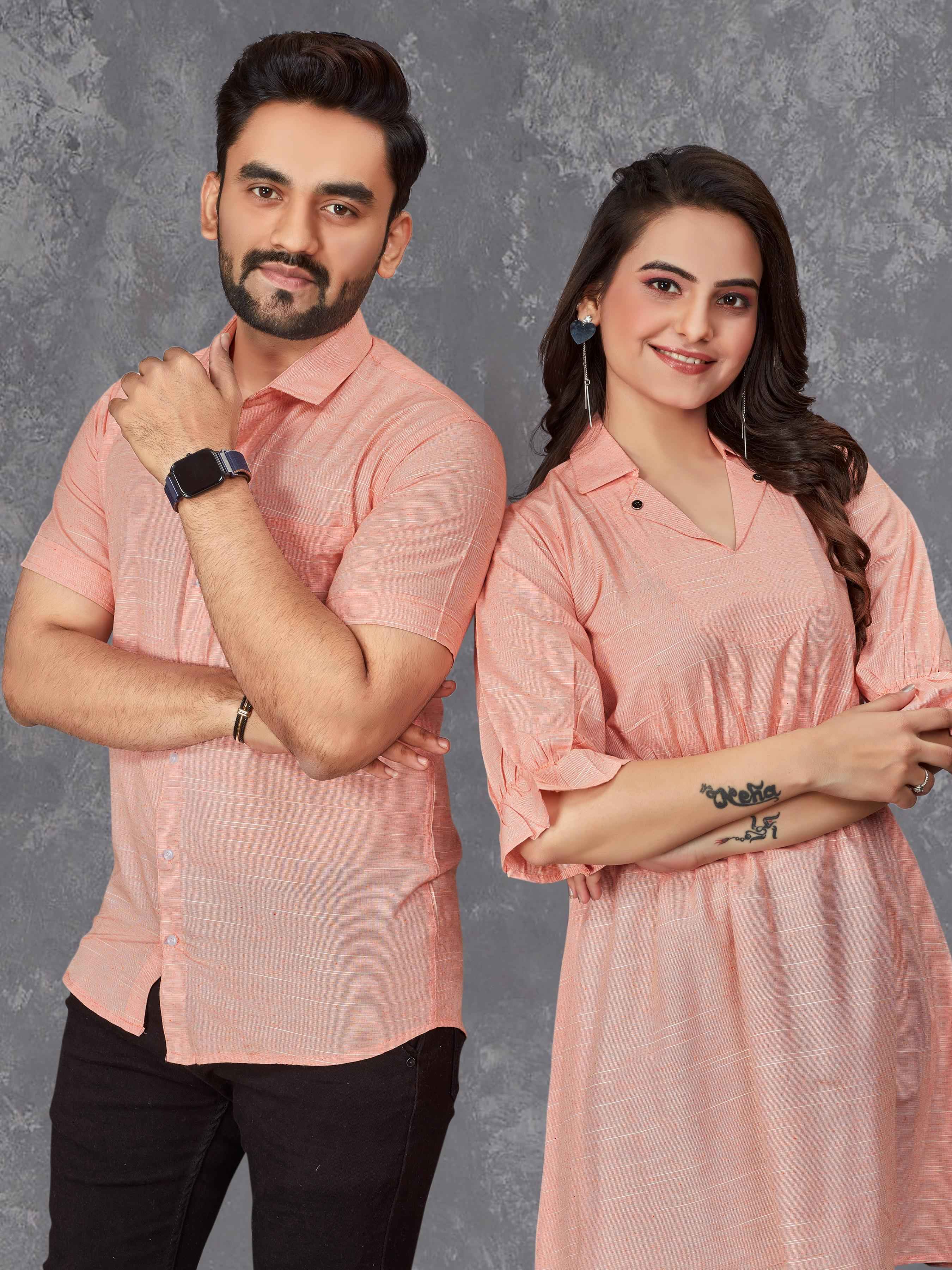 Peach Pure Soft Cotton Printed Shirt &amp; Tunic Matching Both Couple Combo