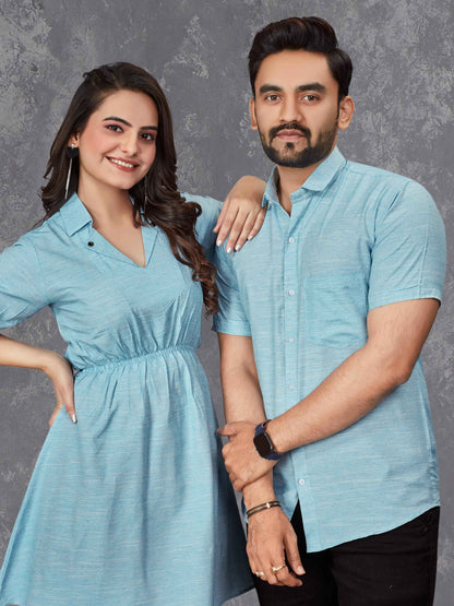 Sky Pure Soft Cotton Printed Shirt &amp; Tunic Matching Both Couple Combo