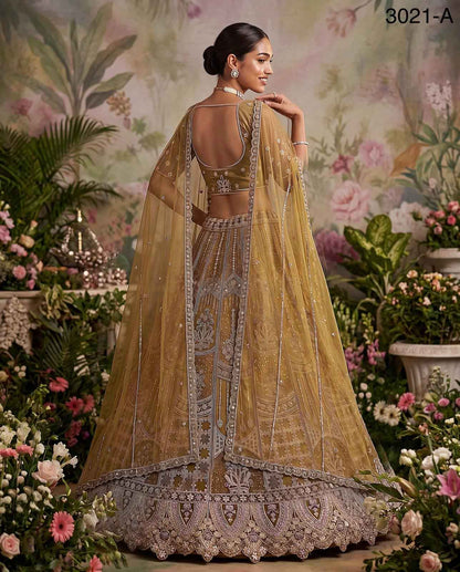 Mustard Pure Soft Heavy Net Fancy Embroidery Work Bridal Lehenga Choli