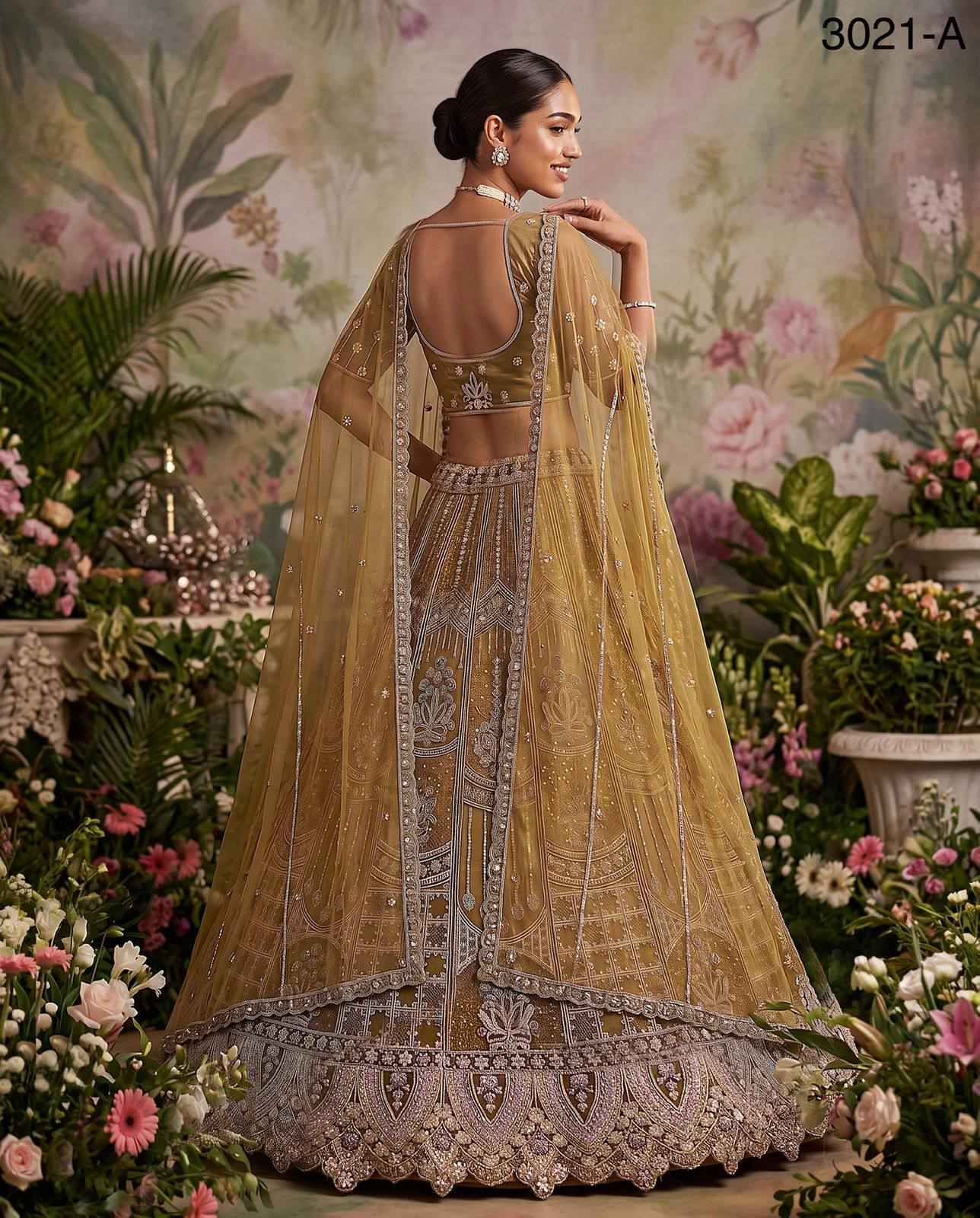 Golden Pure Soft Heavy Net Fancy Embroidery Work Bridal Lehenga Choli