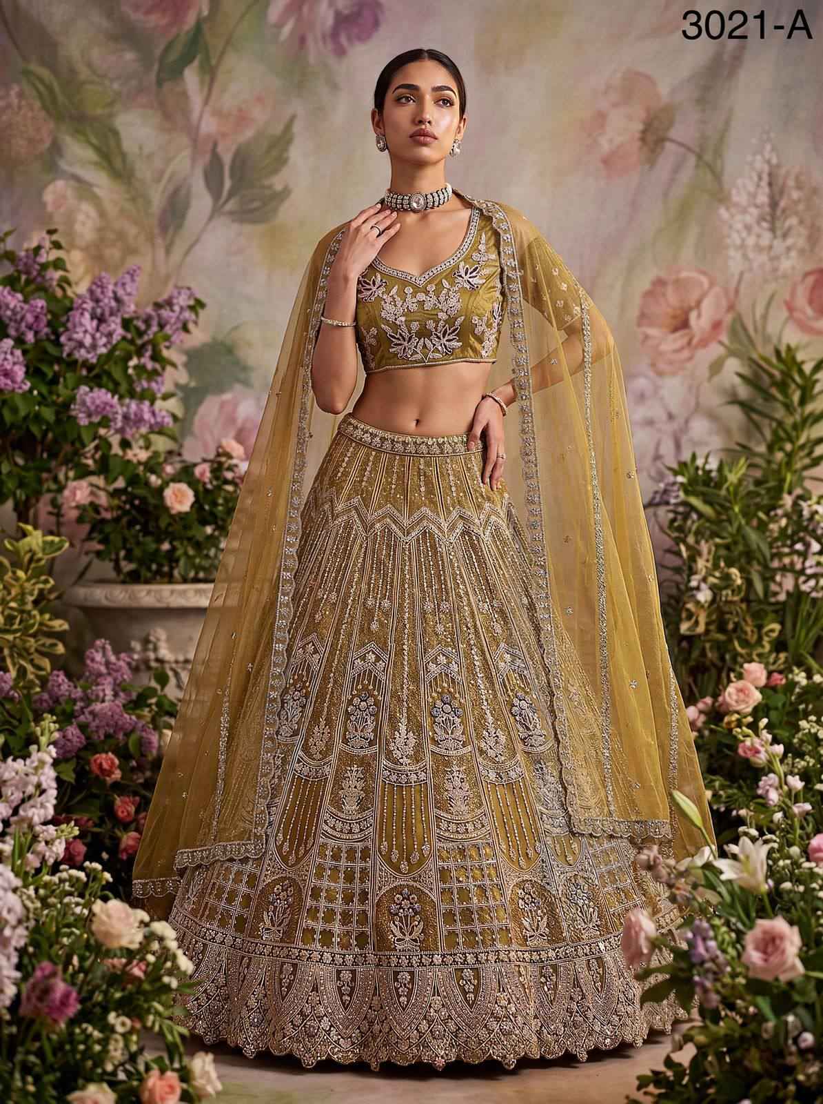 Mustard Pure Soft Heavy Net Fancy Embroidery Work Bridal Lehenga Choli
