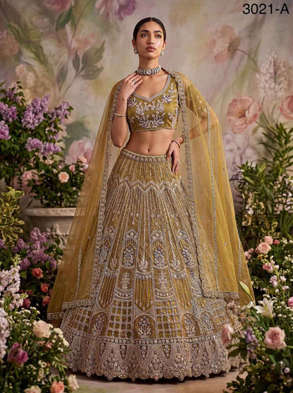 Mustard Pure Soft Heavy Net Fancy Embroidery Work Bridal Lehenga Choli