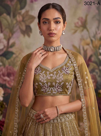 Mustard Pure Soft Heavy Net Fancy Embroidery Work Bridal Lehenga Choli
