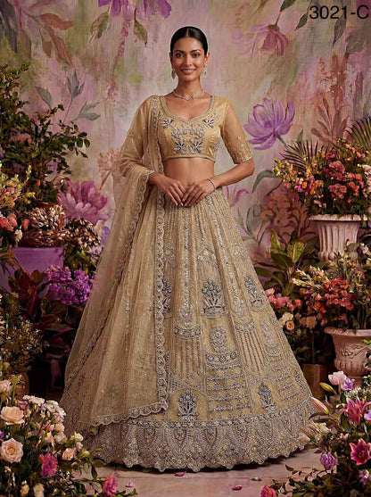 Golden Pure Soft Heavy Net Fancy Embroidery Work Bridal Lehenga Choli