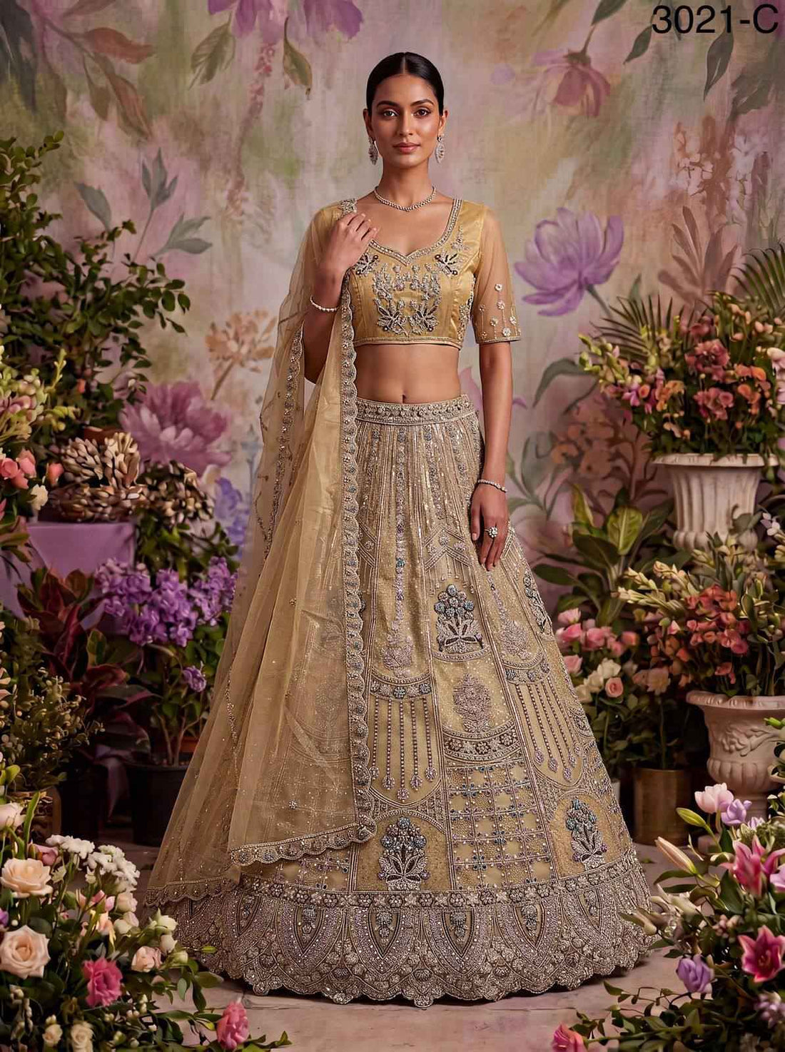 Golden Pure Soft Heavy Net Fancy Embroidery Work Bridal Lehenga Choli
