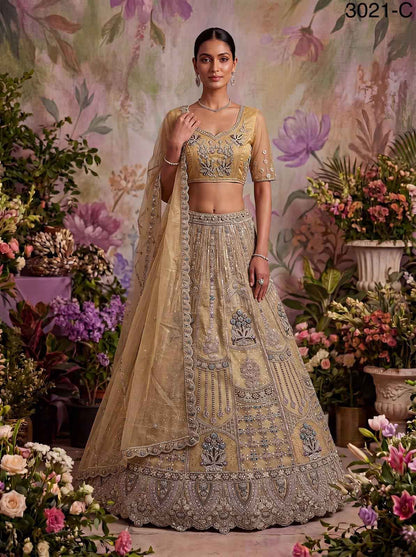 Golden Pure Soft Heavy Net Fancy Embroidery Work Bridal Lehenga Choli