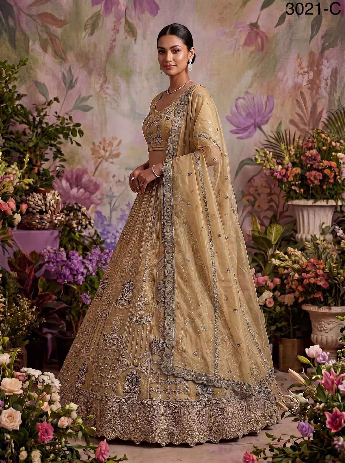 Golden Pure Soft Heavy Net Fancy Embroidery Work Bridal Lehenga Choli