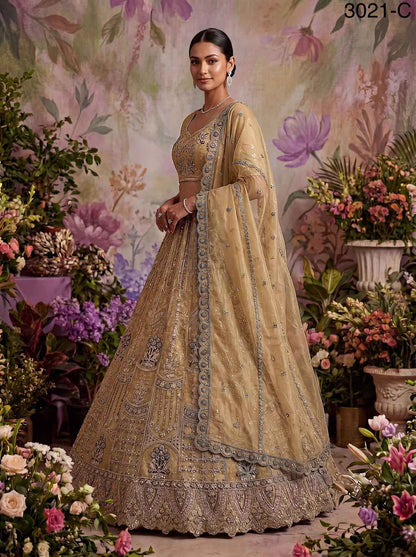 Golden Pure Soft Heavy Net Fancy Embroidery Work Bridal Lehenga Choli