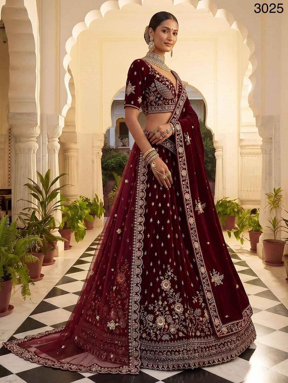 Red Pure Soft Velvet Heavy Embroidery Patch Work Bridal Lehenga