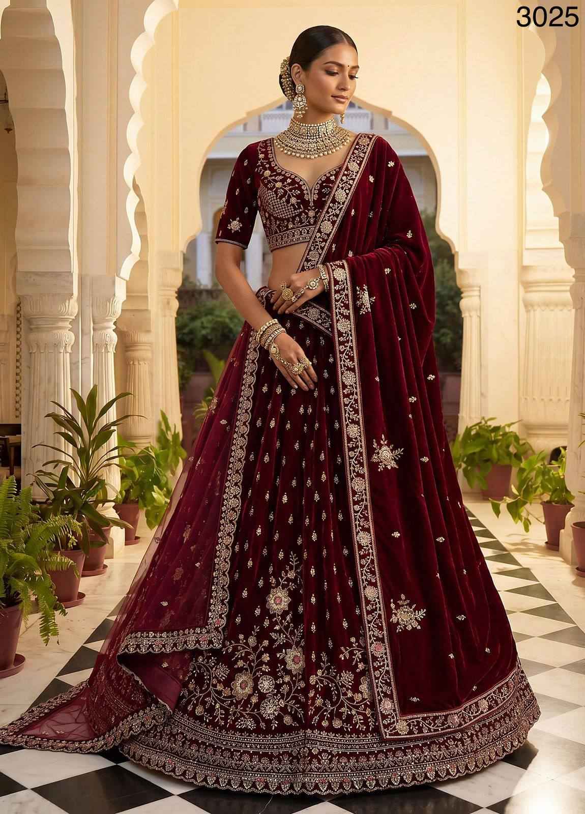 Red Pure Soft Velvet Heavy Embroidery Patch Work Bridal Lehenga