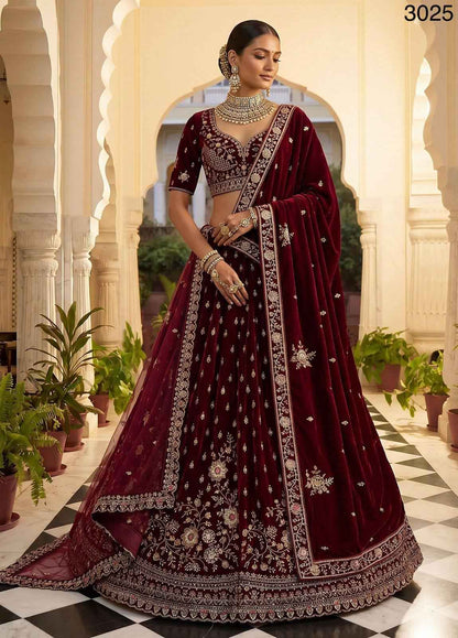 Red Pure Soft Velvet Heavy Embroidery Patch Work Bridal Lehenga