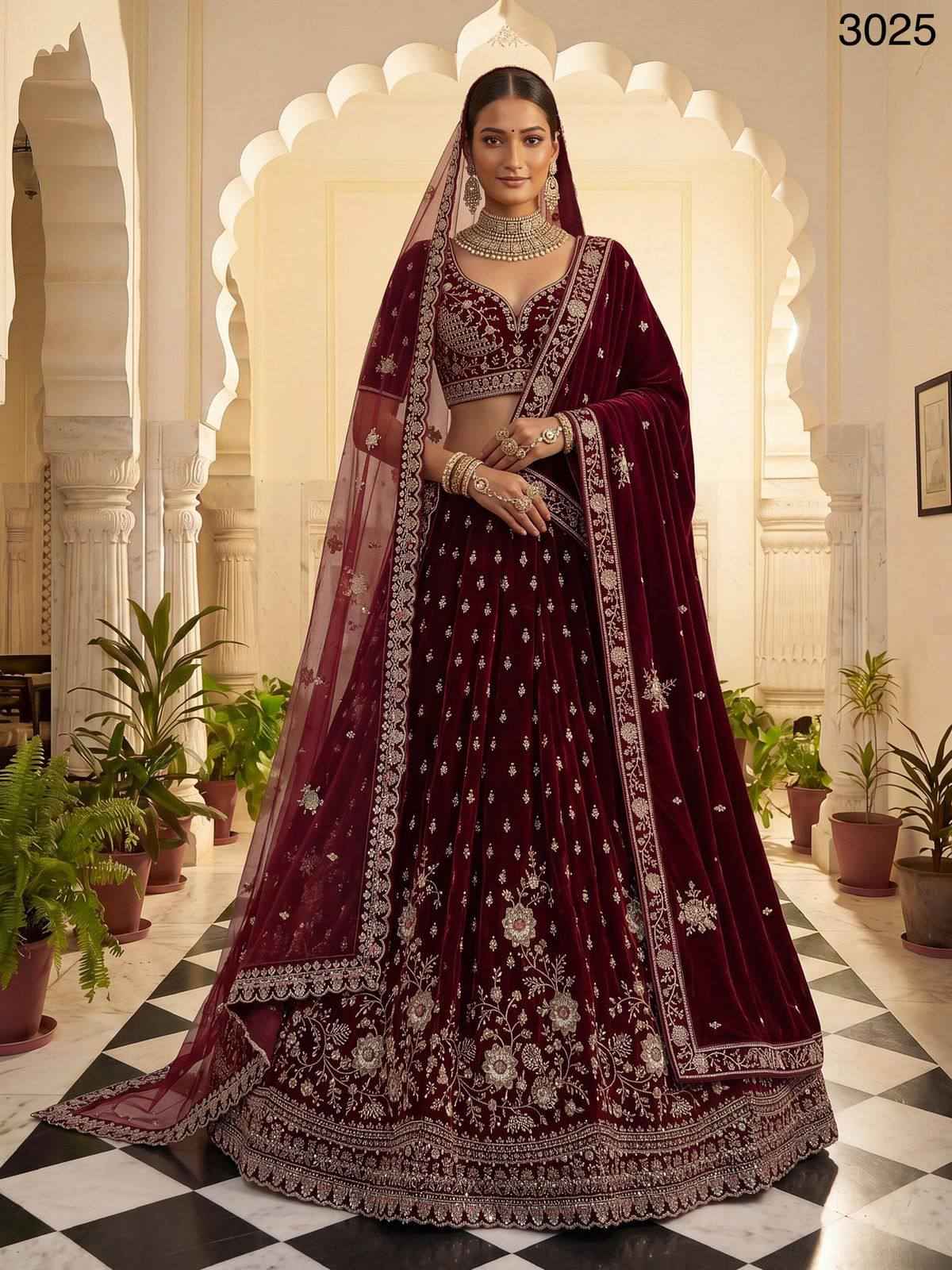 Red Pure Soft Velvet Heavy Embroidery Patch Work Bridal Lehenga